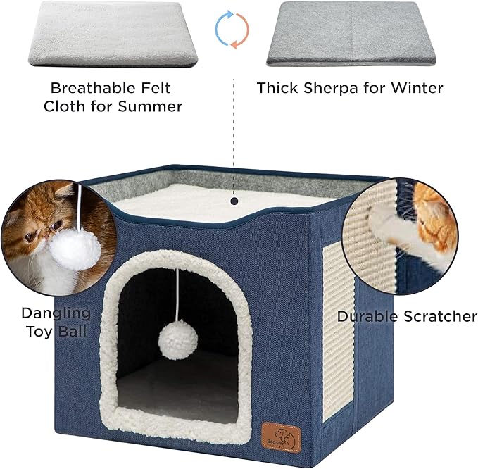 Bedsure Cat Beds for Indoor Cats - Large Cat Cave for Pet Cat House with Fluffy Ball Hanging and Scratch Pad, Foldable Cat Hideaway, 16.5x16.5x13 inches, Blue
