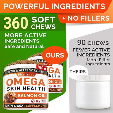 StrellaLab Omega 3 for Dogs - (360Ct) Fish Oil Treats - Allergy & Itch Relief Skin & Coat Supplement - Dry Itchy Skin, Anti Shedding & Hot Spots Treatment - Pet Salmon Oil Chews - Salmon Flavor