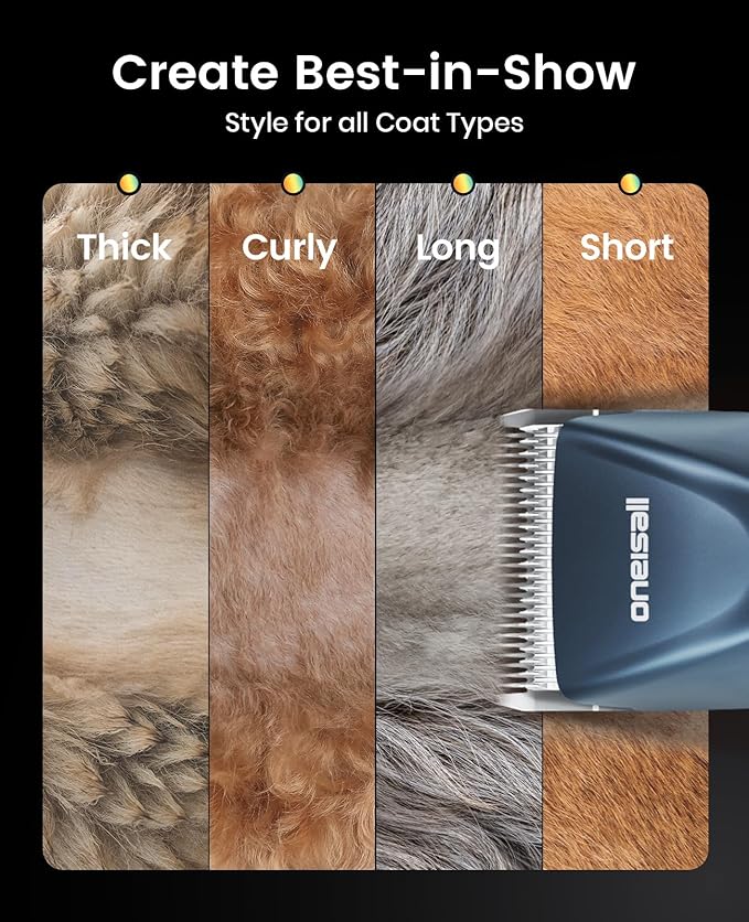 oneisall Cordless Professional Dog Grooming Clippers, 2-Speed Dog Clippers for Grooming Heavy Duty/Thick Hair, Detachable Carbonized Steel Blade Metal Combs, Removable Battery