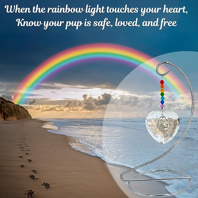Dog Memorial Gifts for Loss of Dog, Rainbow Bridge Crystal Heart and Paw Suncatcher, Pet Memorial Gifts for Dogs, Pet Loss Sympathy Gift, Dog Remembrance Gift