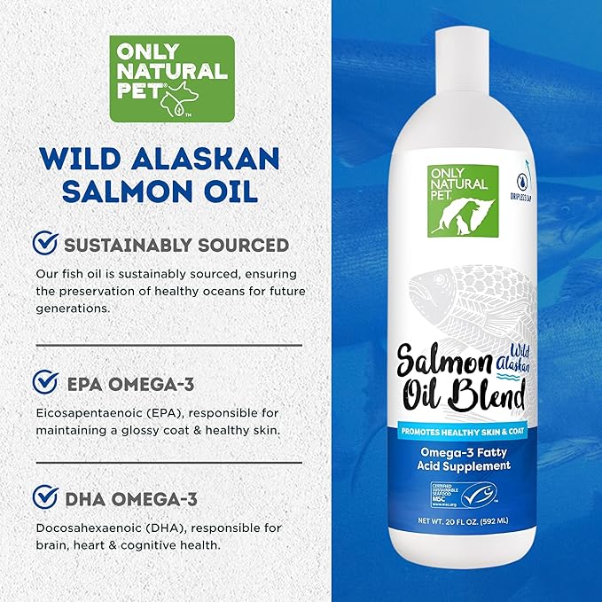 Only Natural Pet Wild Alaskan Salmon Oil for Dogs & Cats - Omega 3 & 6 Liquid Food Supplement for Pets - EPA & DHA Fish Oils, All Natural Joint Support, Promote Healthy Skin, Coat & Heart - 20 Fl Oz