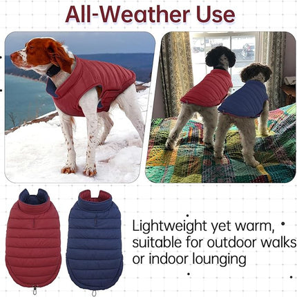 Lelepet Reversible Dog Coat Waterproof Dog Jacket Windproof Puffer Vest for Winter Warm Lightweight Coats for Small Dogs Adjustbale Hook & Loop Pet Apparel with Leash Hole, Pug, Wine Red, M