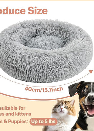 Cat Bed - Calming Cat Bed for Small Kittens Donut Washable Round for Indoor Kittens and Puppies, Anti-Slip Round Fluffy Plush Faux Fur, Medium, Light Grey