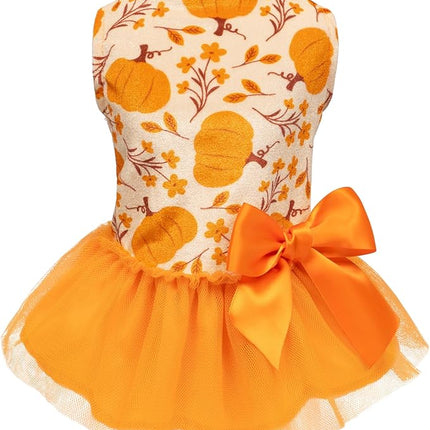 Fitwarm Pumpkin Flower Dog Dress, Thanksgiving Outfit for Small Dogs Girl, Fall Pet Outfit, Beige, Orange, XS