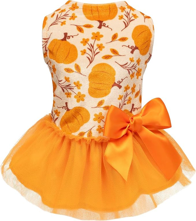Fitwarm Pumpkin Flower Dog Dress, Thanksgiving Outfit for Small Dogs Girl, Fall Pet Outfit, Beige, Orange, Small