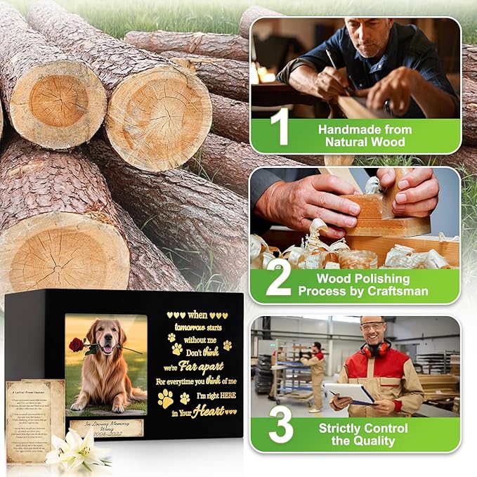 Waterproof Wooden Memorial Pet Keepsake Urn,Crafted Pet Urns for Dog or Cat,Pet Ashes Box with Photo Frame,Poem,Personalized Name Tag&Blank Condolence Card,Flannel Bag Pet Sympathy Remembrance Gift
