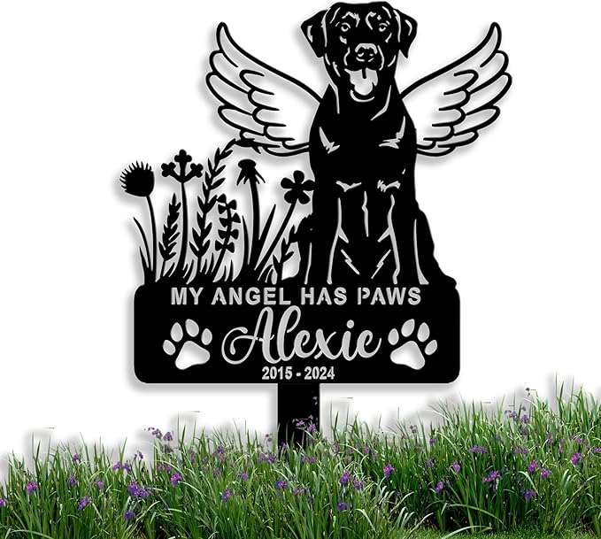 Personalized Dog Memorial Grave Marker, Custom Pet's Name Cemetery Decorations for Funerary, Metal Dog Burial Garden Stake, Outdoor Sympathy Angel Handstone Stake Plaque Gift for Loss