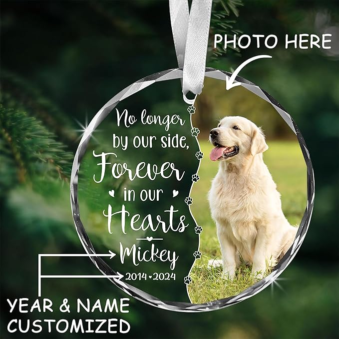 [Printed in The USA] Personalized Memorial Pet Glass Ornament - Custom Photo, Name & Dates - Forever in Our Hearts Valentine's Day Tribute for Your Dogs- Valentine's Gift for Dog Loves