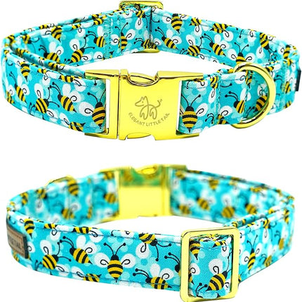 Elegant Little Tail Blue Bees Print Dog Collar with Bow Tie for Small to Large Dogs
