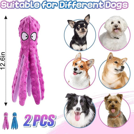 Alphatool Squeaky Dog Toys - 2pcs No Stuffing Octopus Soft Plush Crinkle Toys to Keep Them Busy, Interactive Essentials for Small Medium Pets Dogs Gifts, Blue & Purple