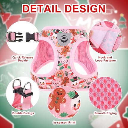 EXPAWLORER Christmas Puppy Harness - Dog Collar and Leash - Soft Mesh Padded Adjustable Step in Small Dog Vest Harness No Pull, Reflective Escape Proof for Outdoor Walking, Red M