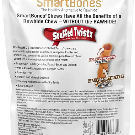 SmartBones Stuffed Twistz with Peanut Butter, Rawhide-Free Chews for Dogs Stuffed with Pork Flavor, 6 Twistz