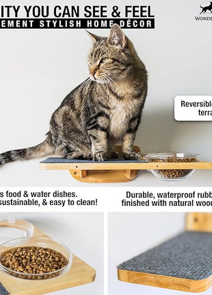 Cat Wall Shelves – Cat Wall Climber with Scratching Post, Removable Bed, Climbing Steps, and Feeding Terrace with Glass Bowls, Waterproof Rubberwood Pet Furniture