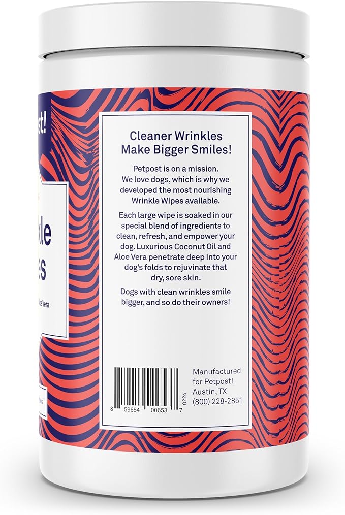 Petpost Large Wrinkle Wipes for Dogs | 60 Count 5x7 Dog Face & Wrinkle Cleaner | Gentle Pet Wipes with Coconut Oil & Aloe for Bulldogs, Pugs & Wrinkly Breeds | Dog Cleaning Wipes