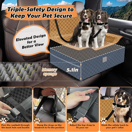 Large Dog Car Seat for Back Seat – Removable Dog Booster Seat & Washable Pet Car Seat for Medium & 2 Small Dogs up to 60lbs – Safety Straps & Storage Pocket – Travel & Home Use (Black/Brown)