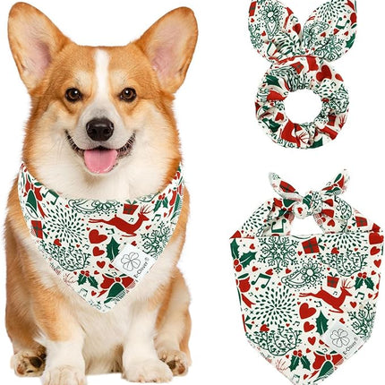 E-Clover Christmas Dog Bandanas & Matching Scrunchie Set White Green Red Dog Scarf Bibs Pet Bandana with Bow Tie for Small Dogs Puppy Owner Mom Winter