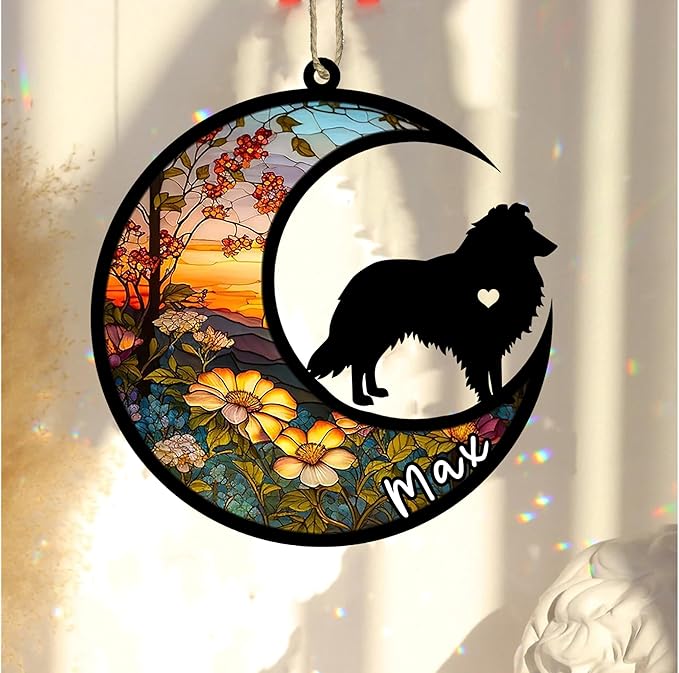 NAZENTI Shetland Sheepdog-Sheltie Hanging Ornament, Personalized Pet Memorial Suncatcher with Name, Christmas Gift for Dog Lovers