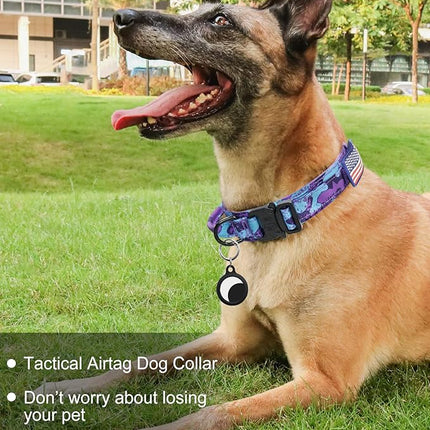 Hotsky Tactical Dog Collar, Adjustable Military Training Nylon Airtag Collar with Handle and Heavy Duty Metal Buckle for Medium Large Dogs, with Airtag Holder and Two Patches（Purple Camo,L）