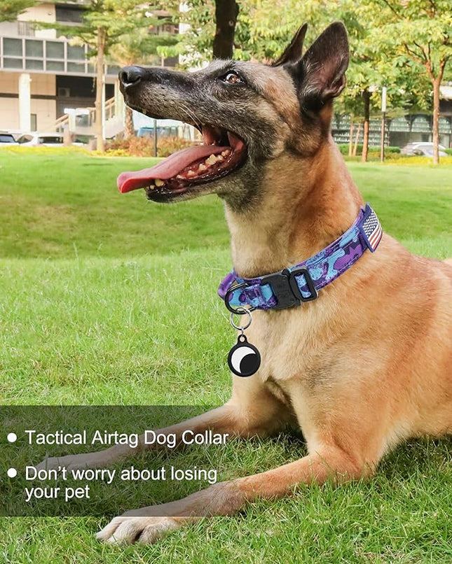 Hotsky Tactical Dog Collar, Adjustable Military Training Nylon Airtag Collar with Handle and Heavy Duty Metal Buckle for Medium Large Dogs, with Airtag Holder and Two Patches（Purple Camo,L）