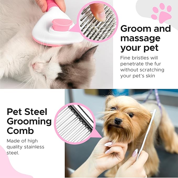 Cat and Dog Brushes for Grooming – Pet Grooming Kit with Brushes – At-Home Grooming Supplies with Dematting Comb, Slicker Brush, Dog Bath Brush (Pink)