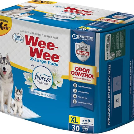 Four Paws Wee-Wee Odor Control with Febreze Freshness Pee Pads for Dogs & Puppies, Leak-Proof Dog Housebreaking Potty Training Floor Protection, Spring Fresh Scent, 28" x 30", 30 Count