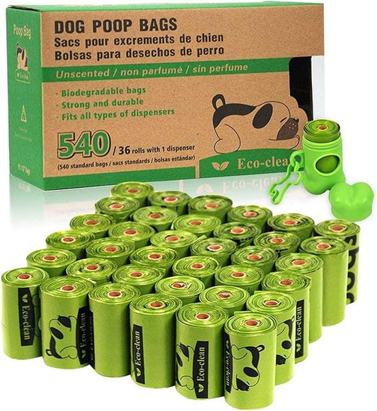 ECO-CLEAN Poop Bags, 36 Rolls/540 Dog Poop Bags with Dispenser, Dog Waste Bags, Unscented, Leak-Proof, Easy Tear-Off