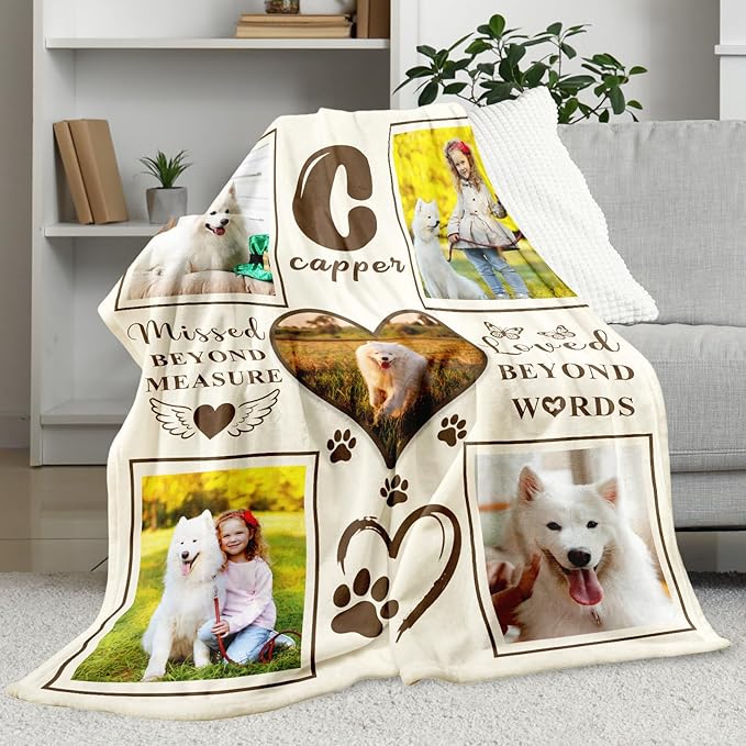 WFR Personalized Pet Memorial Throw Blanket with Photo-Pet Memorial Gifts for Dogs Cats Loss of Dog Sympathy Gift Bereavement Remembrance Passing Away Gifts,Pet Picture Blanket (5-Photos)
