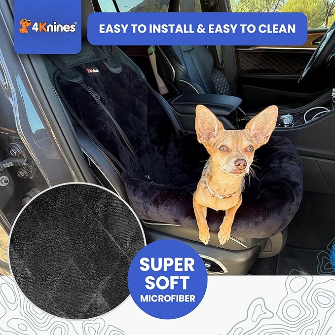 4Knines Dog Car Seat – Plush Travel Bed for SUVs, Trucks & Sedans – Comfortable, Supportive & Secure Ride for Small and Medium Dogs – Washable, Non-Slip Bottom, UV-Resistant Straps & Clips - Black