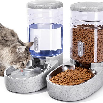 Automatic Cat Feeder and Water Dispenser with Stainless Steel Bowl Gravity Food Feeder and Waterer Set for Small Medium Dog Puppy Kitten 1 Gallon x 2(Grey)