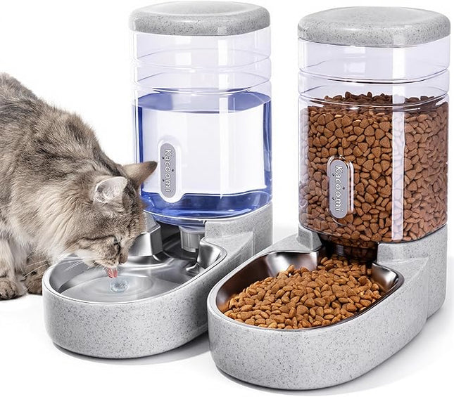 Automatic Cat Feeder and Water Dispenser with Stainless Steel Bowl Gravity Food Feeder and Waterer Set for Small Medium Dog Puppy Kitten 1 Gallon x 2(Grey)