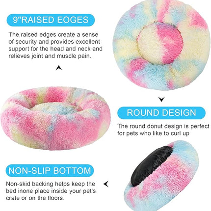 Dog Calming Beds for Small Medium Large Dogs - Round Donut Washable Puppy Dog Bed, Anti-Slip Faux Fur Fluffy Donut Cuddle Anxiety Cat Pet Bed(16'' Color)
