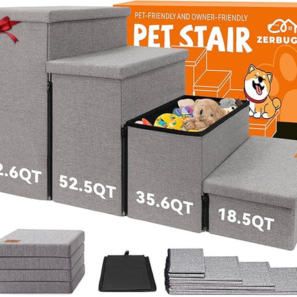 Dog Stairs with Storage 23" H, 4-Step Wider Dog Steps for High Beds Window, Folding Sturdy Pet Stairs Gift for Injured Old Dogs Cats, Ramp for Climbing Car Up to 200 lbs,(Gray, No Condo)