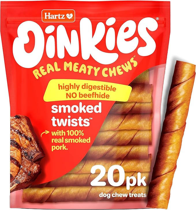 Hartz Oinkies Smoked Twists with Naturally Smoked Pork Rawhide-Free Dog Treats, Highly Digestible Long Lasting Dog Chews, 20 count