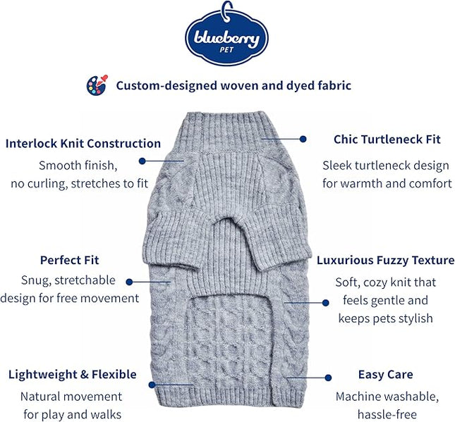 Blueberry Pet Classic Fuzzy Textured Knit Pullover Turtle-Neck Dog Sweater in Heather Grey, Back Length 20", Pack of 1 Clothes for Dogs