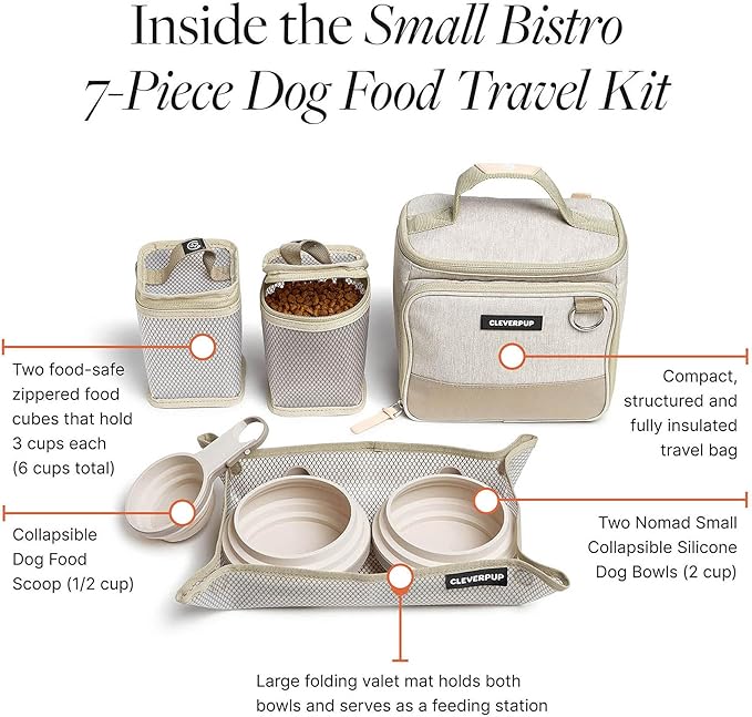 Small 7-Piece Bistro Box Dog Food Travel Kit, 6-Cup Kibble Storage, 2 Silicone Bowls, Mat & Scoop - Premium Portable Pet Food Kit for Weekends, Overnights, Daycare & Camping, Sand