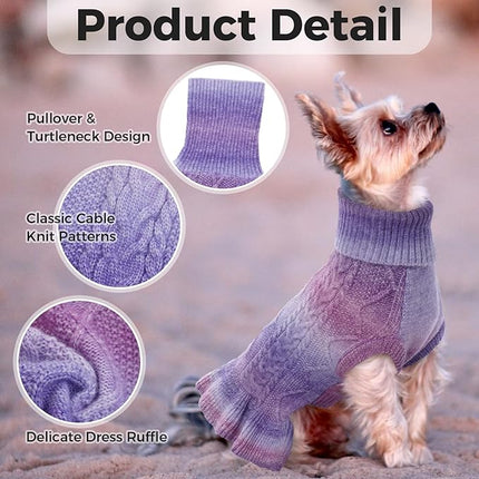 Lelepet Dog Sweater Turtleneck Knitwear Sweatshirt Cable Knit Warm Dress for Small Medium Large Dogs Puppy Fall Sweater, Yorkie, Maltese, S, Purple