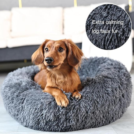 Round Calming Dog Beds for Medium Dogs 30 Inches Anti-Slip Donut Washable Plush Faux Fur Pet Bed fits up to 45 lbs Pets,Dark Gray