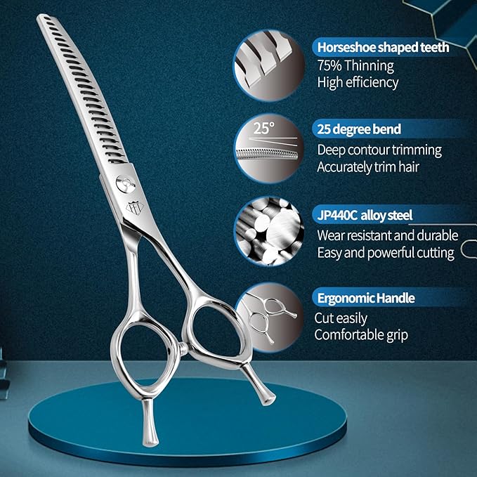 FENICE Professional Pet Grooming Scissors, JP440C Alloy Steel, Curved Chunker with Horseshoe Teeth, 75% Thinning (6.5")