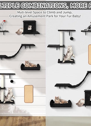 Cat Wall Shelves, 6 in 1 Cat Wall Furniture Set with Condos House, Bed, Bridge, Tree, Steps, Scratching Board, DIY Walls Playground for Indoor (Black)