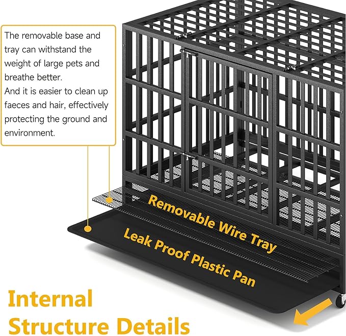 48/42/38 Inch Heavy Duty Indestructible XL Dog Crate Steel Escape Proof, Indoor Double Door High Anxiety Cage, Removable Tray, Kennel with Wheels, Extra Large XXL