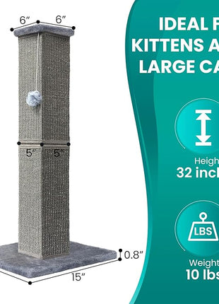 Cat Scratching Post 32 Inch for Indoor Large Cats and Kitten, Nature Sisal Tall Cat Scratch Post, Sisal Cat Scratcher Improve Cat's Scratching Habits and Protect Your Furniture, Dark Grey