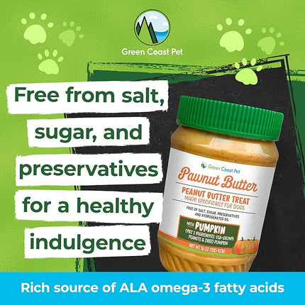 Natural Peanut Butter for Dogs Safe - 100% Healthy Dog Treats - No Sugar, Xylitol Free, Digestive Support - Puppy Dog Peanut Butter with Pumpkin 16 oz - Made in USA Premium Quality