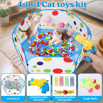 AIERSA Cat Ball Pit for Indoor Cats,Interactive Toy Included 200 Pom Pom Balls and Launcher&Springs&Jingle Balls&Feather Spring Ball,Cats Self Play Enrichment Stimulation Toys for Bored Cat