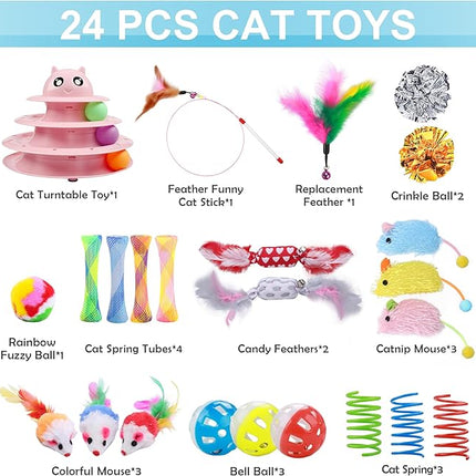 UPSKY 3-Level Turntable Kitten Toys Set - 24 PCS Interactive Cat Roller for Indoor Cats, Catnip, Teaser, Mice, Spring, and Various Ball Toys for Kitty