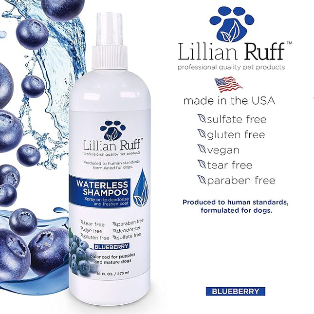 Lillian Ruff PRO Formula Blueberry Waterless Dog Shampoo & Berry Blue Brightening Conditioner - No-Rinse Odor Eliminator & Hydrating Whitening Conditioner Detangles, Restores Skin, Softness & Shine