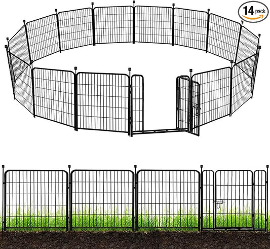 ADAVIN Garden Fence with Gate 32in(H) x 31 ft(L),14 Panels Black Heavy Duty Iron Metal Animal Barrier Fence, Indoor&Outdoor Dog Playpen, Camping Fence, No Dig Garden Border Fencing for Yard