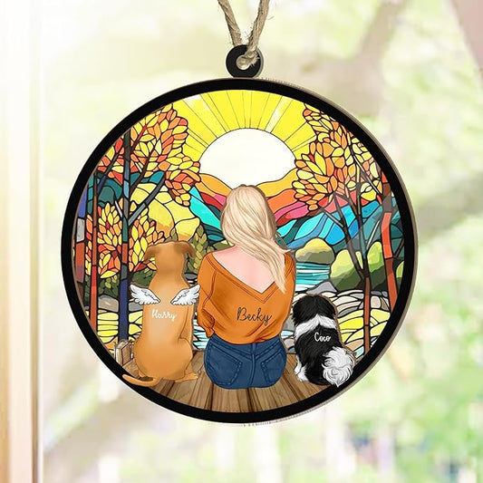 Personalized Pet Memorial Suncatcher – Custom Dog/Cat Memorial Keepsake, Pet Owner Portrait, Loss of Dog Sympathy Gift, Pet Remembrance Gift