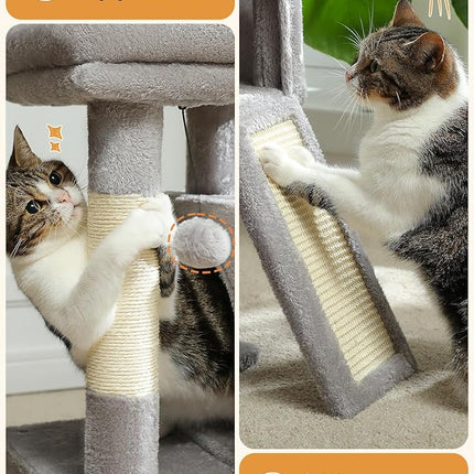PAWZ Road Cat Tree, 30 Inches Cat Tower with Dual Condos for Indoor Cats, Plush Cat House with Padded Perch, Scratching Ramp and Posts and Replaceable Balls-Gray