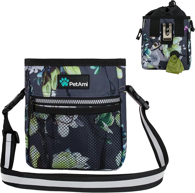 PetAmi Dog Treat Pouch, Pet Treat Pouch for Training, Dog Walking Bag Holder for Kibbles, Pet Food Toy, Dog Trainer Essentials Supplies, Poop Bag Dispenser, 3 Ways to Wear (Floral Grey)