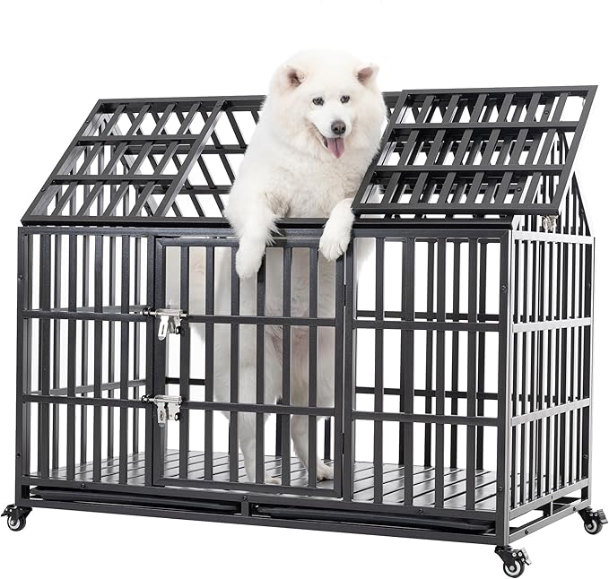 52 Inch Heavy Duty Dog Crate Indestructible and Escape-Proof Dog Crate Cage Kennel for Large/Medium Dogs Extra Large XL XXL with Wheels Removable Tray Double Door